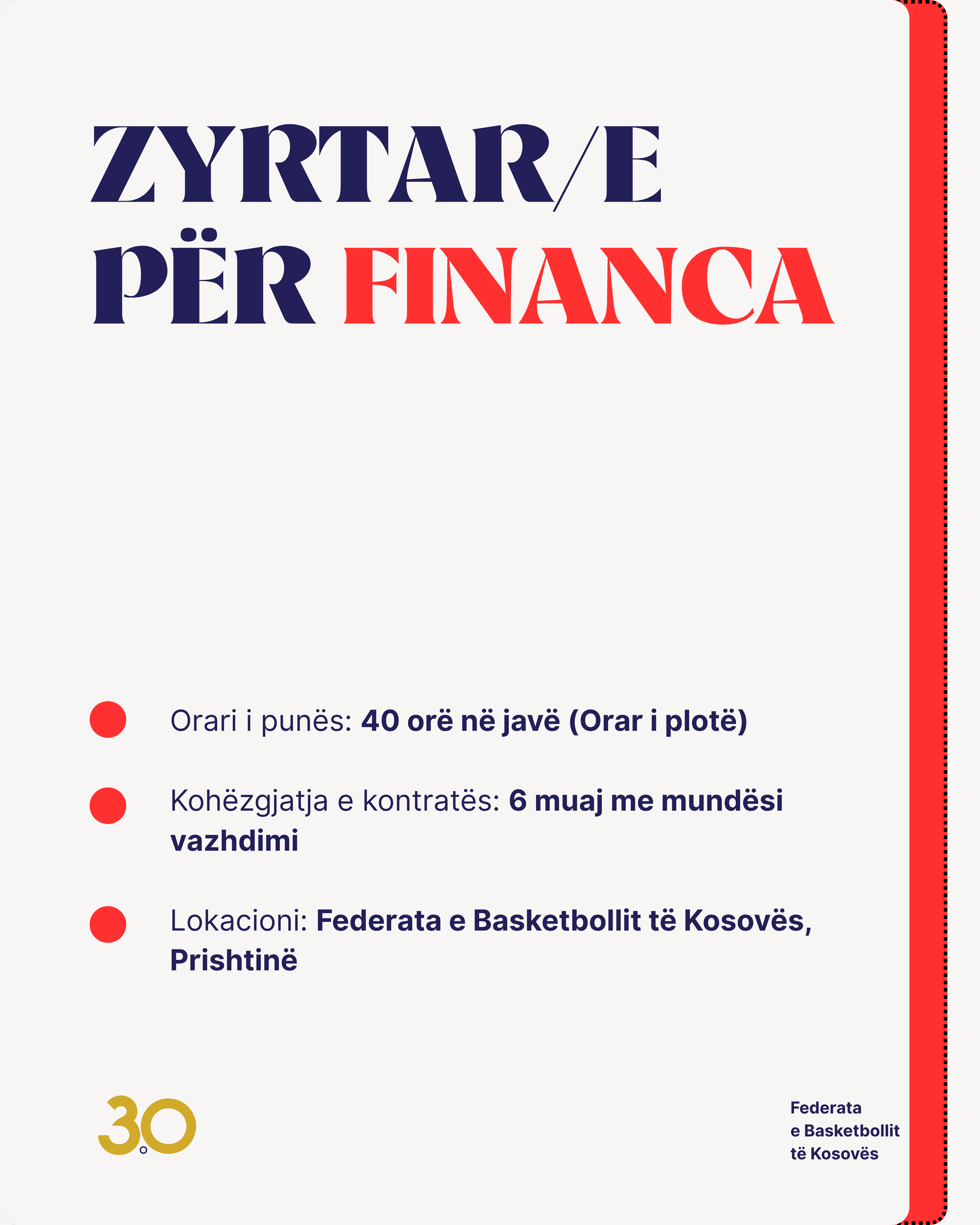 Konkurs: Zyrtar/e për Financa 